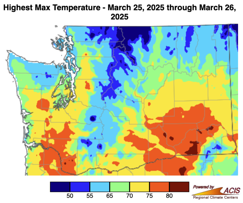 Map of the highest temperature reached from March 26-27, 2025 across WA state.