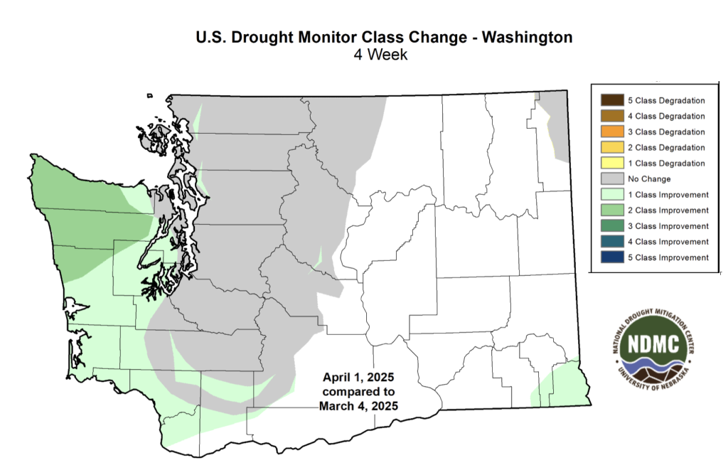 Map of U.S. Drought Monitor Classification Change in the state of Washington from March 4 to April 1, 2025. 