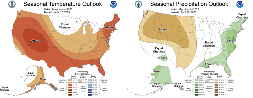 Seasonal Climate Outlook for May-July. Warm and Dry conditions are expected to build into the early summer nationwide and in the PNW.