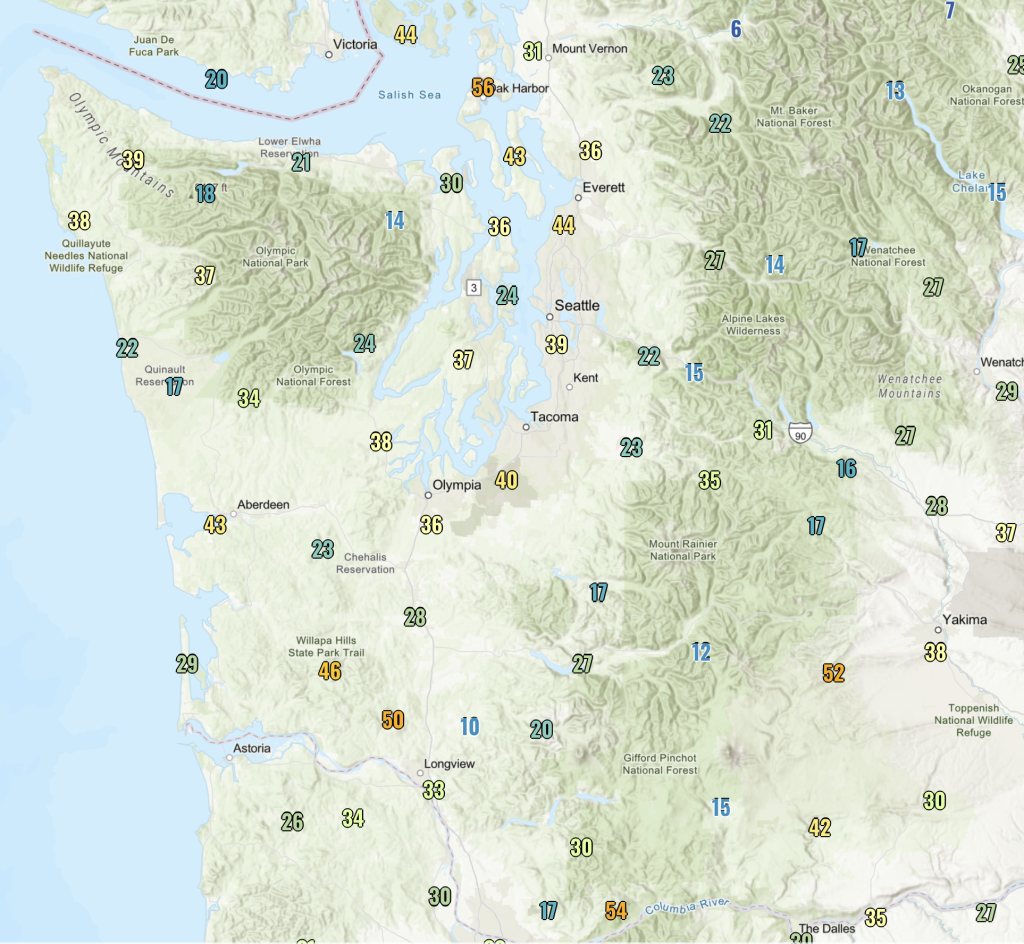 Map of wind gusts in western Washington on April 8, 2025. 