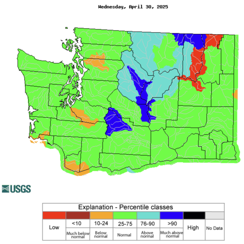 Map of 28-day WA streamflow by watershed ending April 30, 2025.