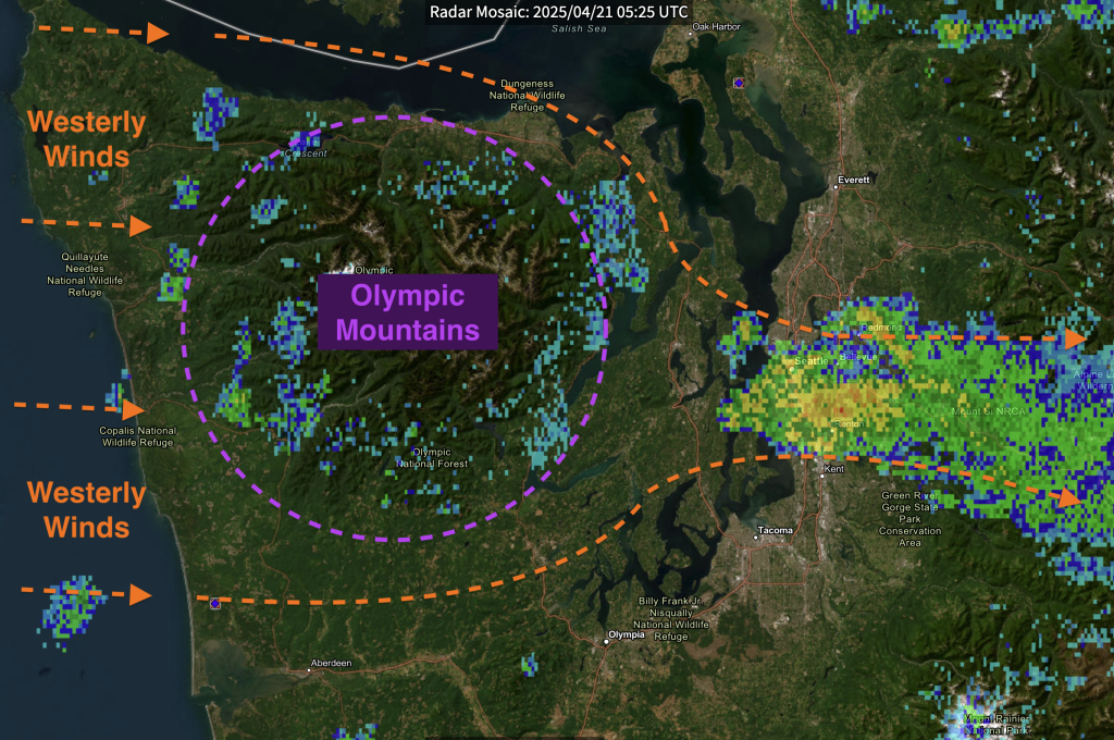 Map of western Washington overlayed with a diagram of the Puget Sound Convergence Zone. 