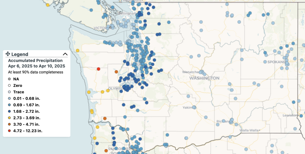 Map of CoCoRaHS station rainfall amounts from April 6-10, 2025.
