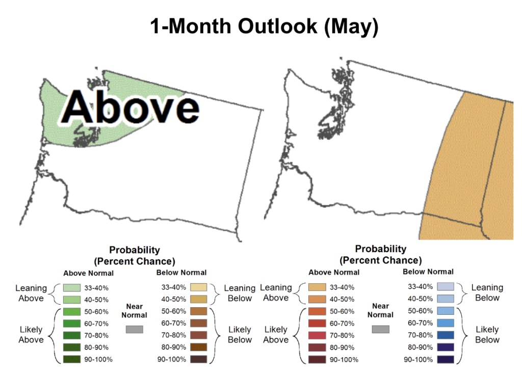 Map of forecast chance of above and below precipitation and temperature for May 2025. 