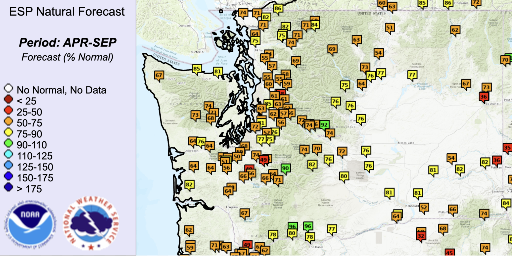 Water supply forecast map from April-Sept 2025 in Washington state.