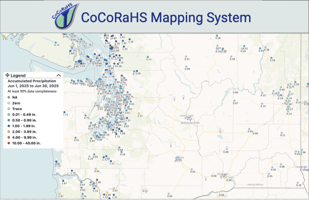 Precipitation map for June 2025. Rain measurements were below 0.50" for the vast majority of stations in Washington. 