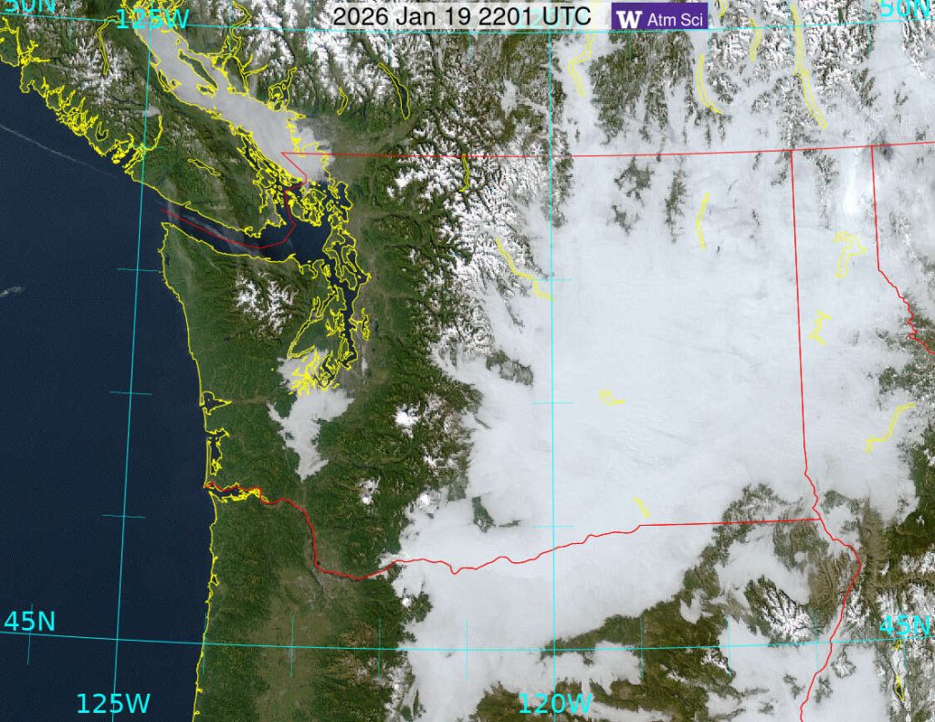 Satellite image of the Pacific Northwest on January 19, 2026 showing widespread low clouds and fog over eastern Washington, eastern Oregon, and parts of Idaho, with clearer conditions along the coast and western Washington