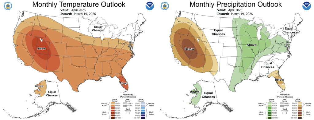 A national map of the outlook of temperature and precipitation for April 2026. Drier and warmer than normal conditions are likely in the interior west with slightly elevated chances of these conditions across far southern and southeastern Washington.