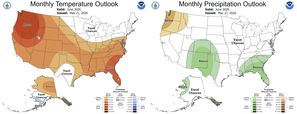 Map of June temperature and precipitation outlooks for the nation. Warmer than normal conditions are expected across the western United states, central plains and southeastern united states. Drier than normal conditions are expected in the Pacific Northwest while wetter than normals conditions are expected across the four corners and southeaster united states.