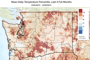 Map of June-July August temperatures with above normal temperatures across the state. 