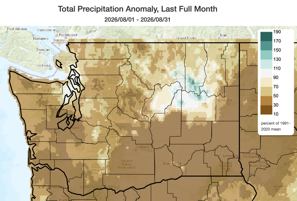 Map of Washington August precipitation % of normal showing much of the state was well below normal. 
