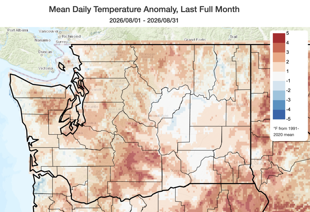 A map of Washington August mean temperature anomalies showing most areas of the state above normal. 
